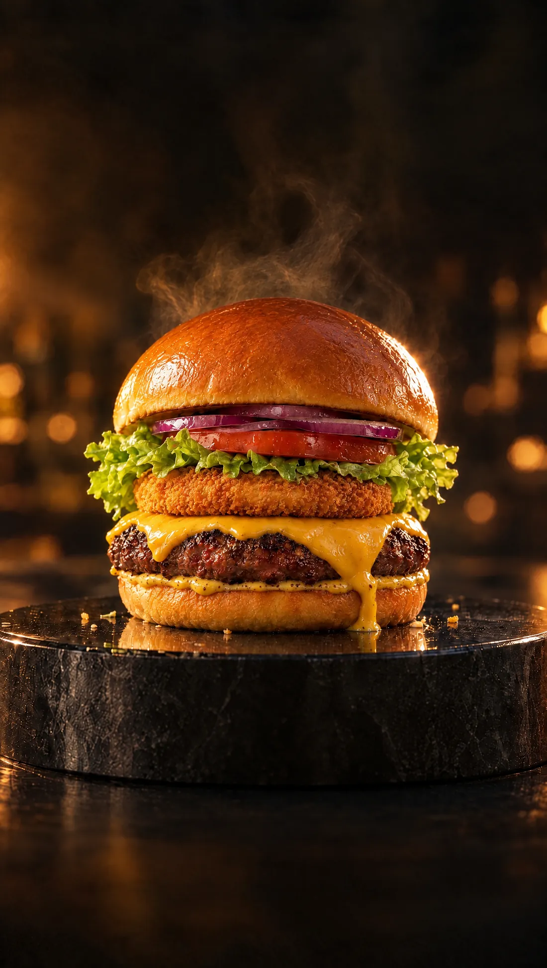 Le burger OTB : brioche, crudités, palet de chèvre pané, cheddar fondu et steak de bœuf frais